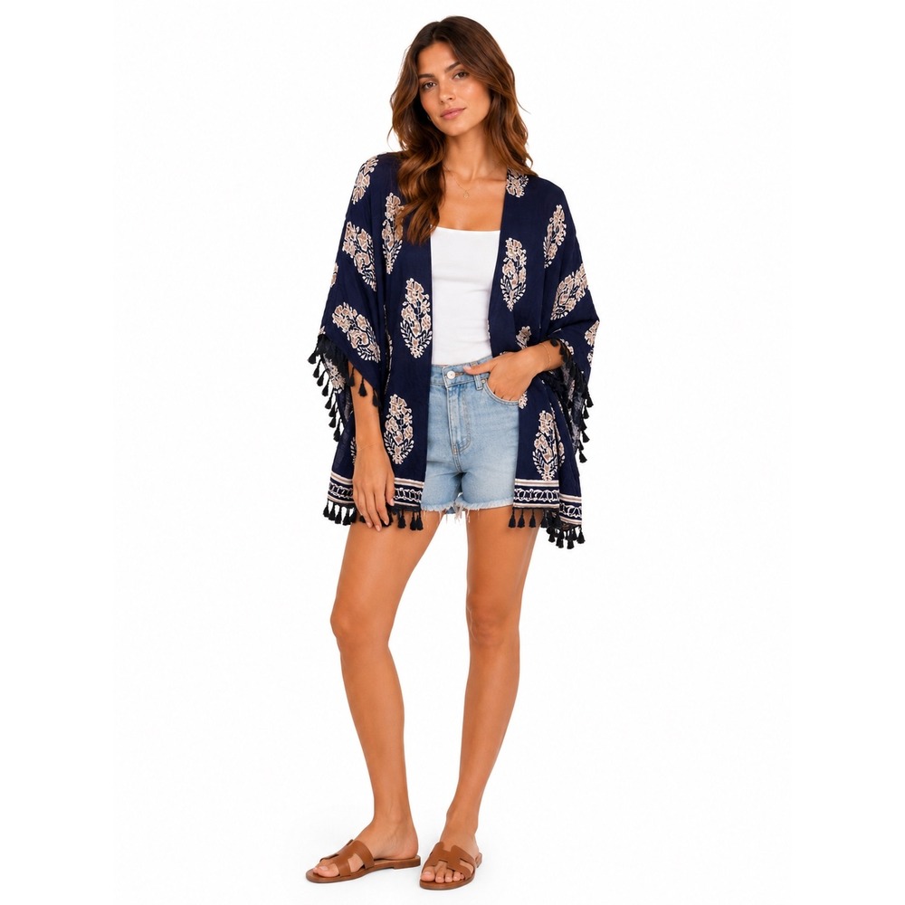 Emery Rose Kimono Women One Size Navy Blue Floral Tassel Trim Boho Coverup